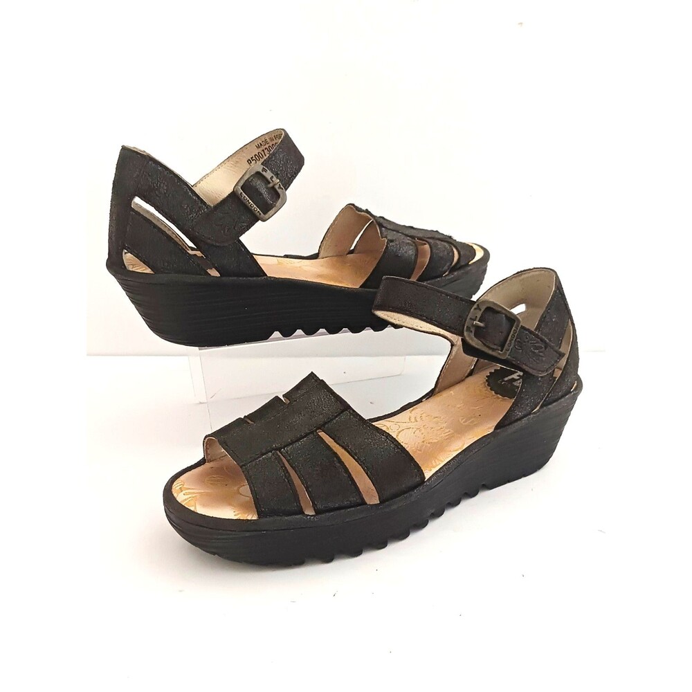 FLY London Rese730Fly Blk Leather Strappy Wedge Sandal Ankle Strap 39/8-8.5